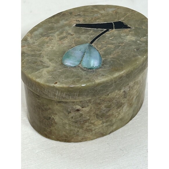 Vintage Soapstone Oval Blue Abalone & Onyx Tulip Inlay Keepsake Box Blue - Picture 7 of 16